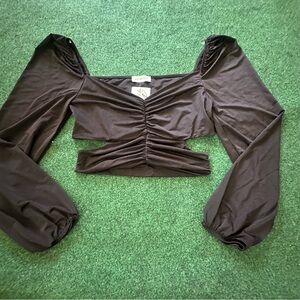 Black Ruched Cutout Long Sleeve Top